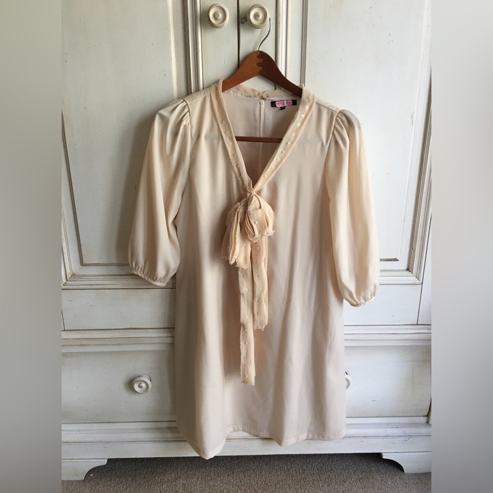 Worn once Modcloth C. Luxe ivory/cream sequined bow mod shift dress with pearls